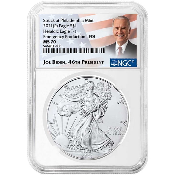 2021 (P) $1 American Silver Eagle NGC MS70 Emergency Production FDI Biden Label