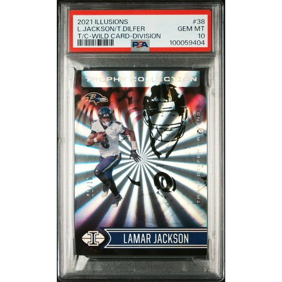 2021 Panini Illusions #38 Lamar Jackson/Trent Dilfer Trophy Collection-Wild Card-Division PSA 10