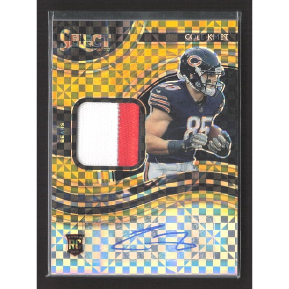 2021 Panini Select Prizm Cole Kmet #RSM-CKM Gold Checkerboard /10 Patch RC Chicago Bears NFL Autographed Football Trading Card