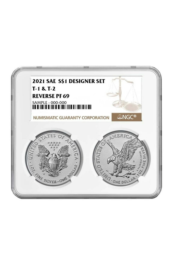 2021 Reverse Proof American Silver Eagle Designer 2pc Set NGC PF69 Brown Label Dual Core