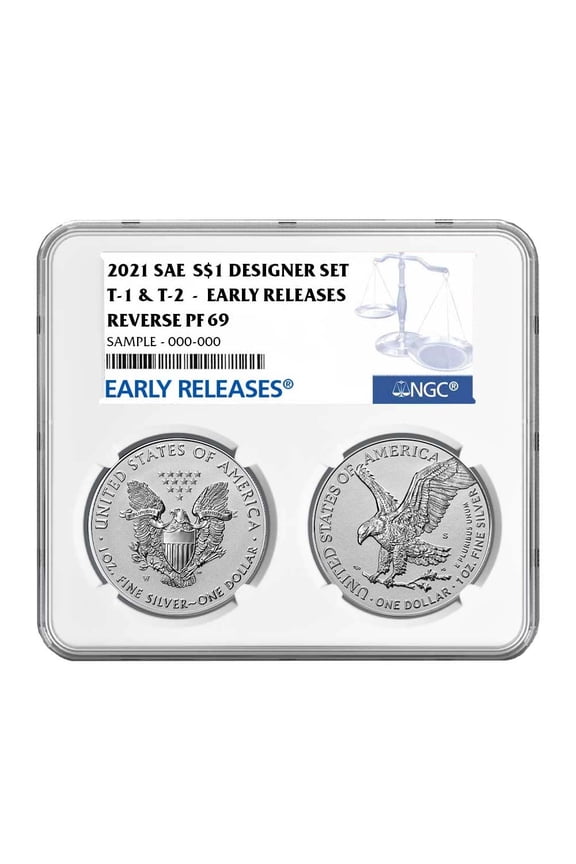2021 Reverse Proof American Silver Eagle Designer 2pc Set NGC PF69 ER Blue Label Dual Core