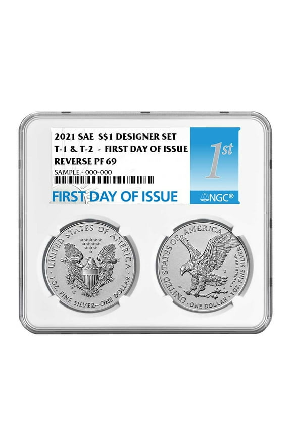 2021 Reverse Proof American Silver Eagle Designer 2pc Set NGC PF69 FDI First Label Dual Core