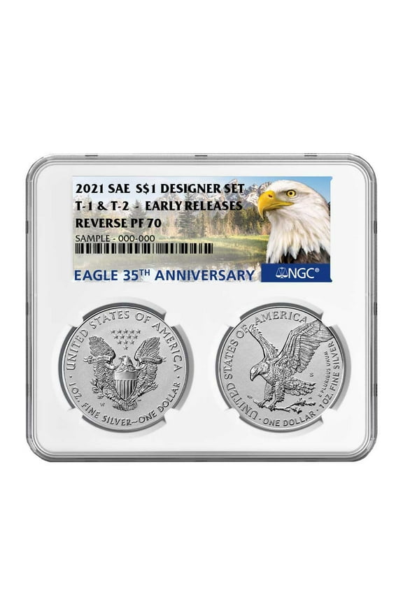 2021 Reverse Proof American Silver Eagle Designer 2pc Set NGC PF70 ER 35th Anni. Eagle Label Dual Core
