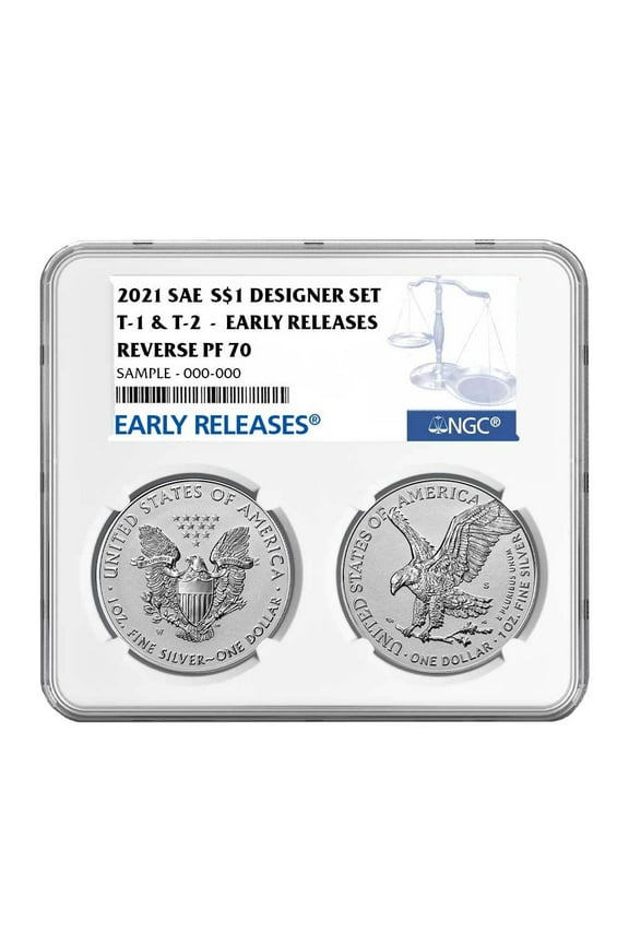 2021 Reverse Proof American Silver Eagle Designer 2pc Set NGC PF70 ER Blue Label Dual Core