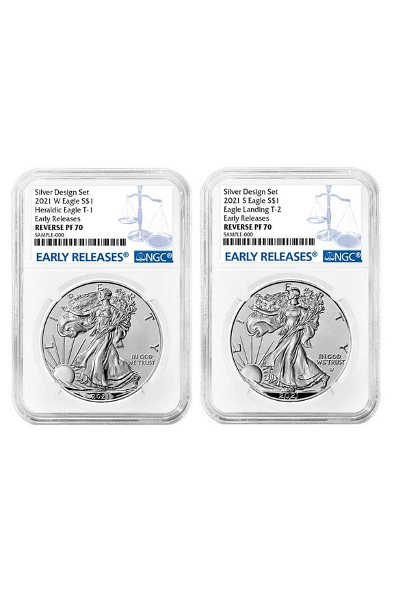 2021 Reverse Proof American Silver Eagle Designer 2pc Set NGC PF70 ER Blue Label