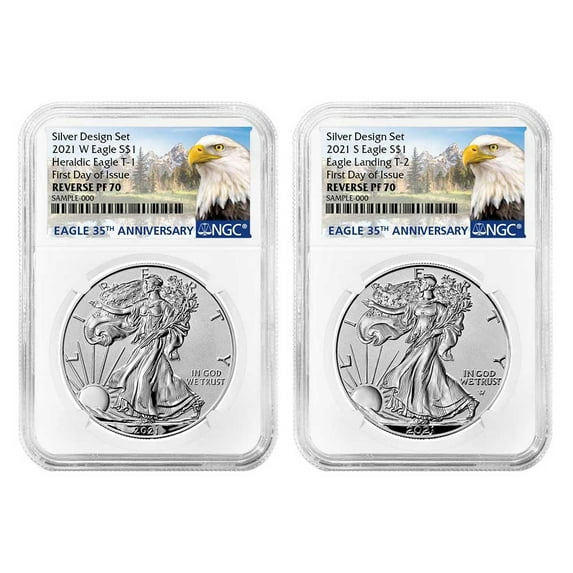 2021 Reverse Proof American Silver Eagle Designer 2pc Set NGC PF70 FDI 35th Anni. Eagle Label