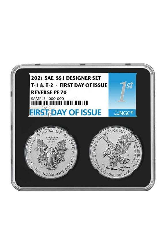 2021 Reverse Proof American Silver Eagle Designer 2pc Set NGC PF70 FDI First Label Dual Retro Core