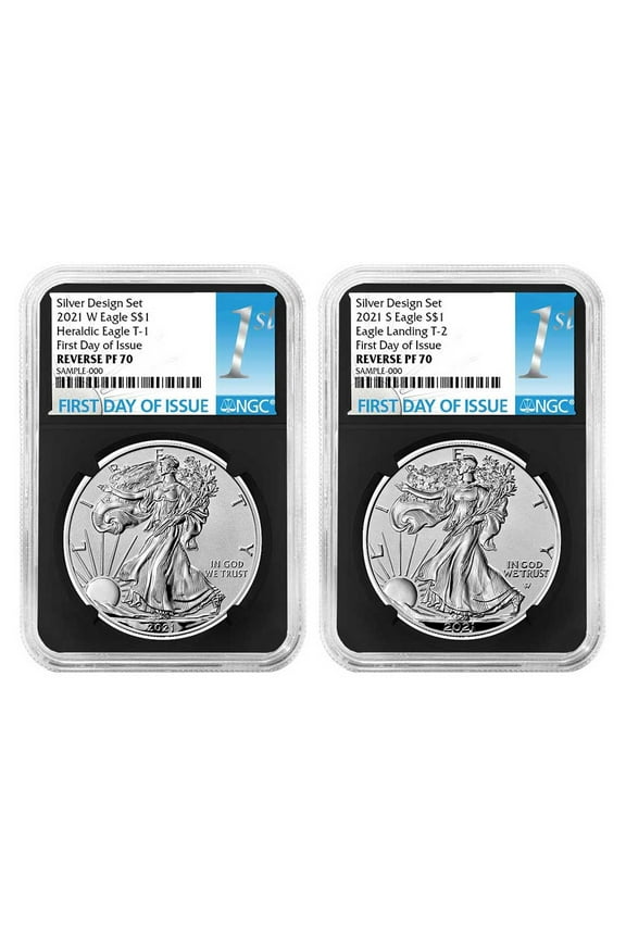 2021 Reverse Proof American Silver Eagle Designer 2pc Set NGC PF70 FDI First Label Retro Core