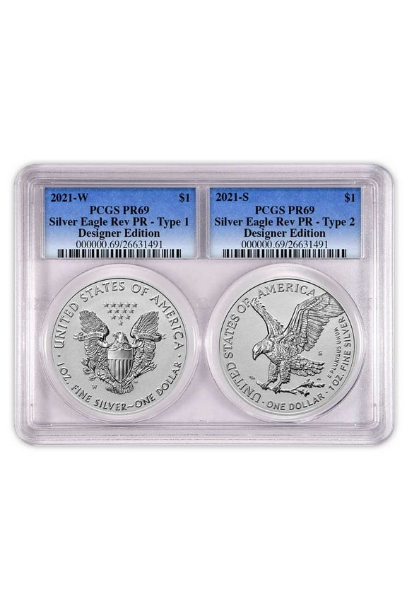 2021 Reverse Proof American Silver Eagle Designer 2pc Set PCGS PR69 Blue Label Dual Core