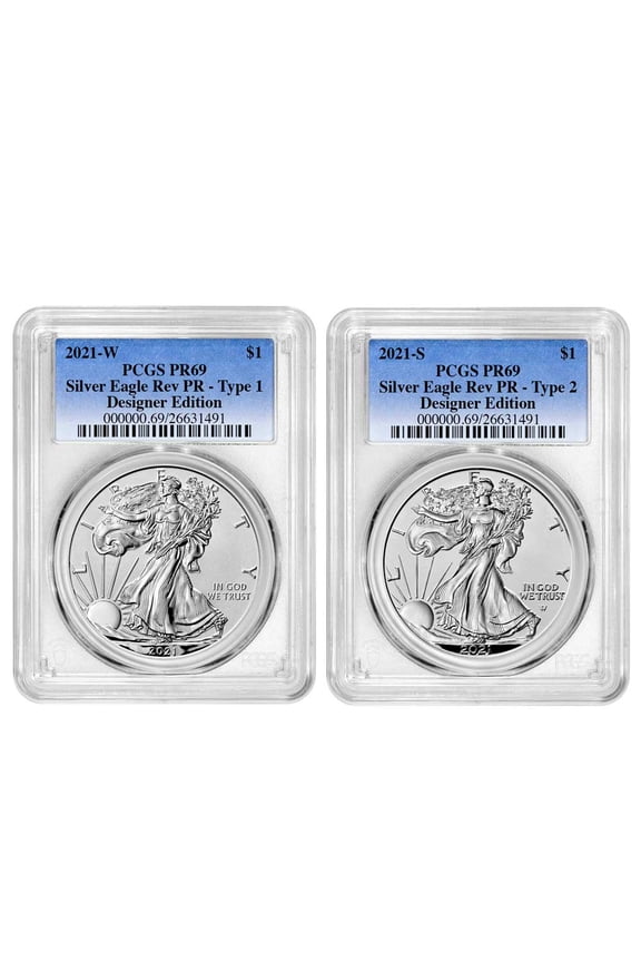 2021 Reverse Proof American Silver Eagle Designer 2pc Set PCGS PR69 Blue Label