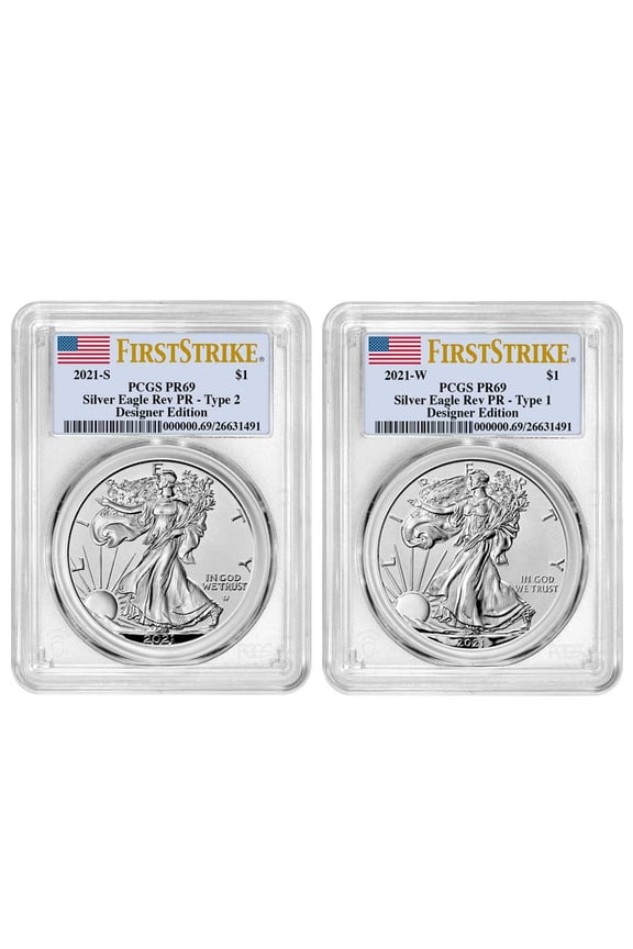 2021 Reverse Proof American Silver Eagle Designer 2pc Set PCGS PR69 FS Flag Label