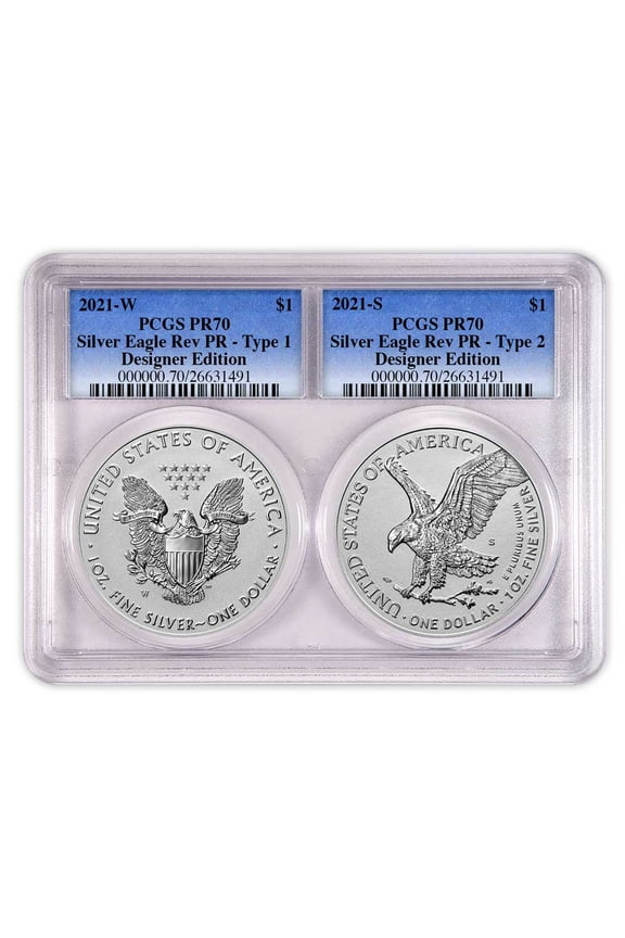 2021 Reverse Proof American Silver Eagle Designer 2pc Set PCGS PR70 Blue Label Dual Core