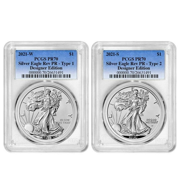 2021 Reverse Proof American Silver Eagle Designer 2pc Set PCGS PR70 Blue Label