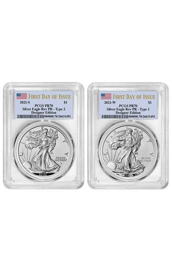 2021 Reverse Proof American Silver Eagle Designer 2pc Set PCGS PR70 FDOI Flag Label