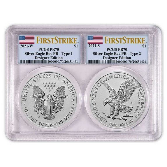 2021 Reverse Proof American Silver Eagle Designer 2pc Set PCGS PR70 FS Flag Label Dual Core
