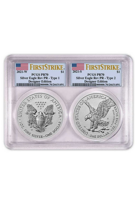 2021 Reverse Proof American Silver Eagle Designer 2pc Set PCGS PR70 FS Flag Label Dual Core