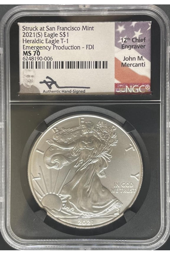 2021-S T1 Silver Eagle MS70 NGC Emergency Issue FDI Black Core Mercanti Signed (PA6248190006)