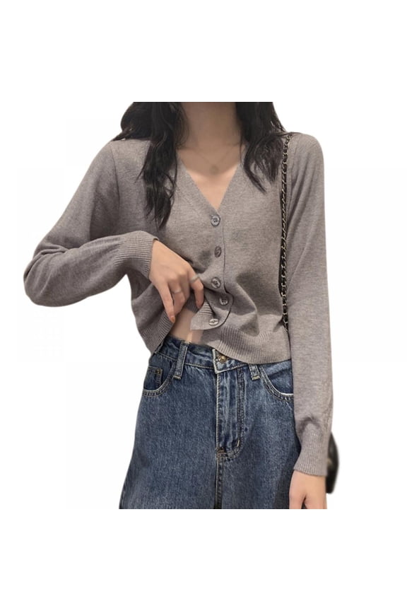 2021 SALE Girl Women's Solid Color Knit Cardigan Small Short V-neck Long Sleeve Thin Jacket Crop Top Outerwear,Gray
