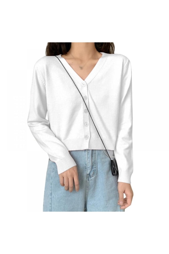 2021 SALE Girl Women's Solid Color Knit Cardigan Small Short V-neck Long Sleeve Thin Jacket Crop Top Outerwear,White