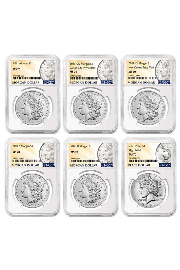2021 Silver Morgan Dollars and Peace Silver Dollar 6pc set NGC MS70 Morgan & Peace Label