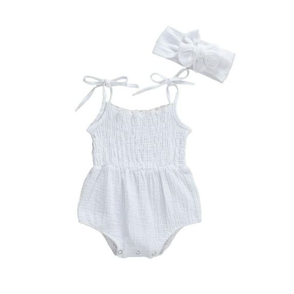 2021 Summer,Baby Girls Solid Cotton Linen Romper Outfit Sets with Headband (80/9-12 Months)