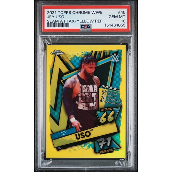 Graded 2021 Topps Chrome WWE Slam Attax Jey Uso #45 Yellow Refractor PSA 10