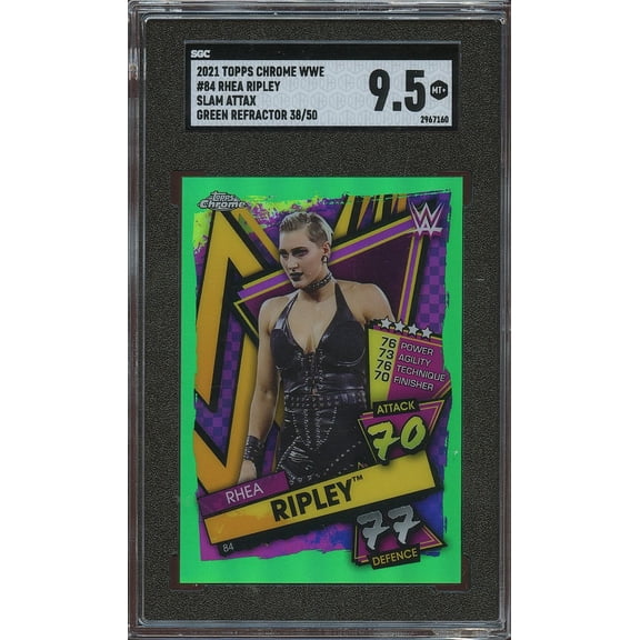 Graded 2021 Topps Chrome WWE Slam Attax Rhea Ripley #84 Green Refractor 50 SGC 9.5
