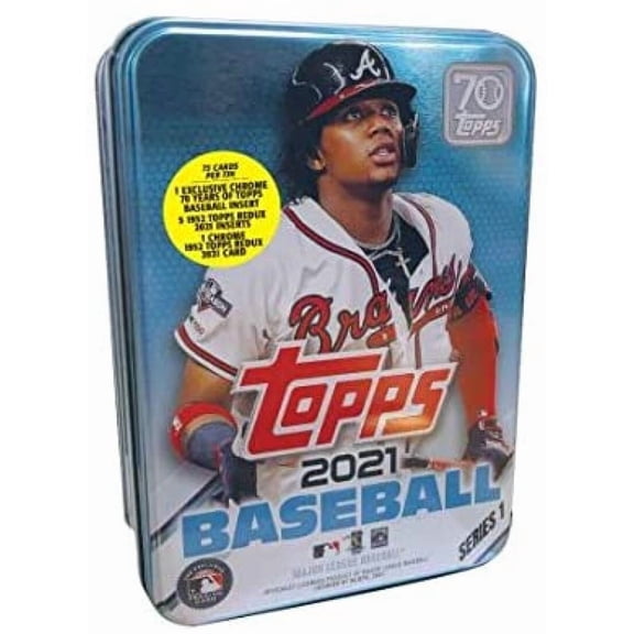 2021 Topps Series 1 Baseball Factory Sealed Ronald Acuna Jr (Atlanta Braves Player) Tin Box75 Cards includes one Exclusive 70 Years of Topps Chrome. 5