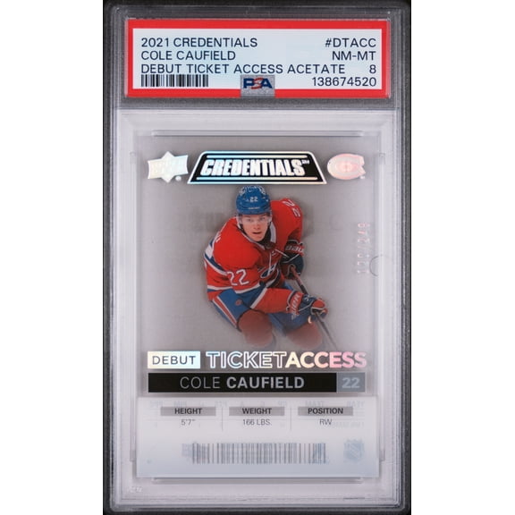 2021 Upper Deck Credentials Debut Ticket Access Acetate Cole Caufield #DTACC /249 PSA 8