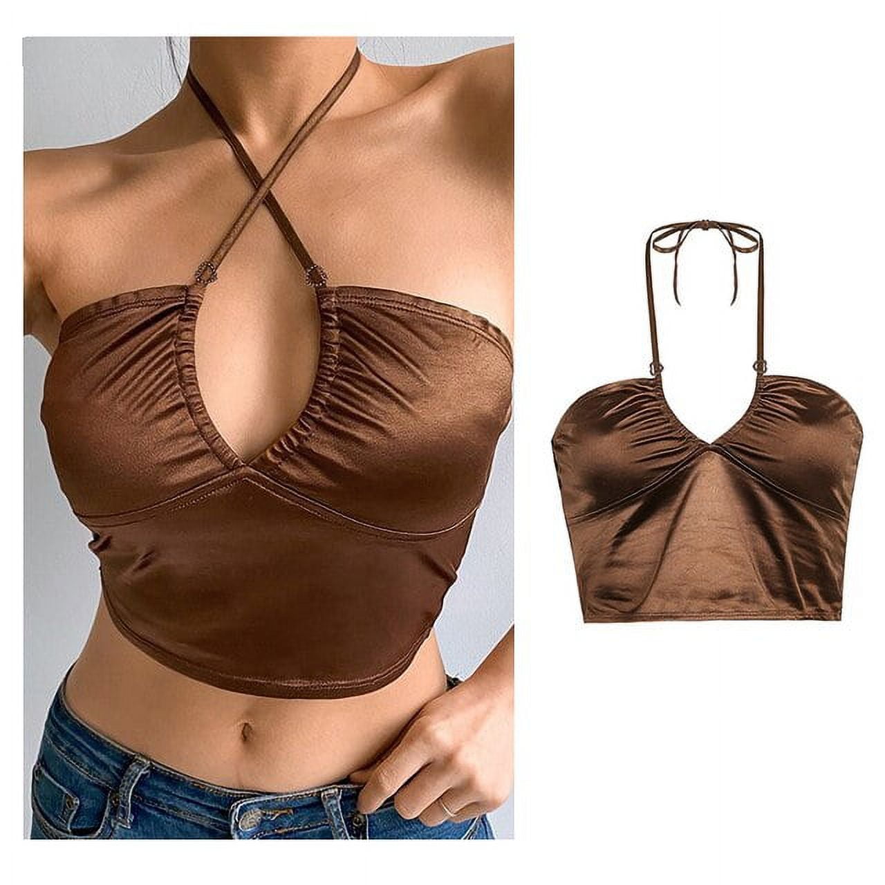 2021 Vintage Brown Halter Camisole Hollow Out Cyber Y2k Crop Top Women