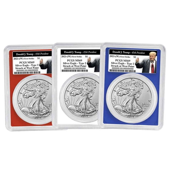 2021 (W) $1 Type 2 American Silver Eagle 3pc Set PCGS MS69 FS Trump 45th President Label Red White Blue