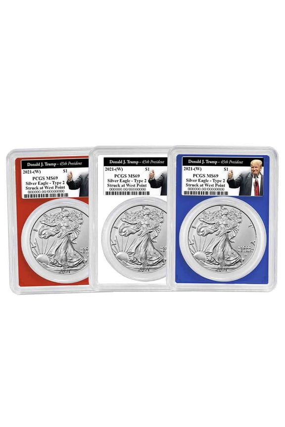 2021 (W) $1 Type 2 American Silver Eagle 3pc Set PCGS MS69 Trump 45th President Label Red White Blue