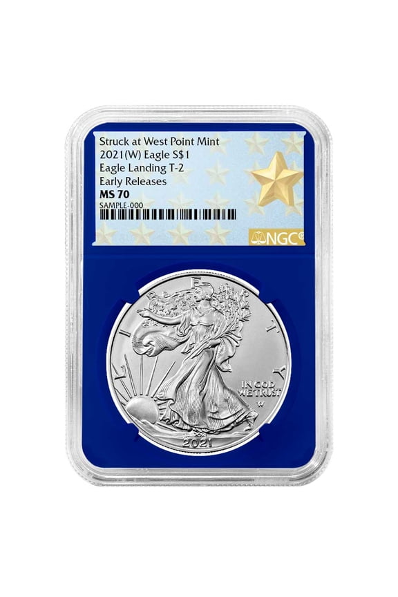 2021 (W) $1 Type 2 American Silver Eagle NGC MS70 ER West Point Star Label Blue Core