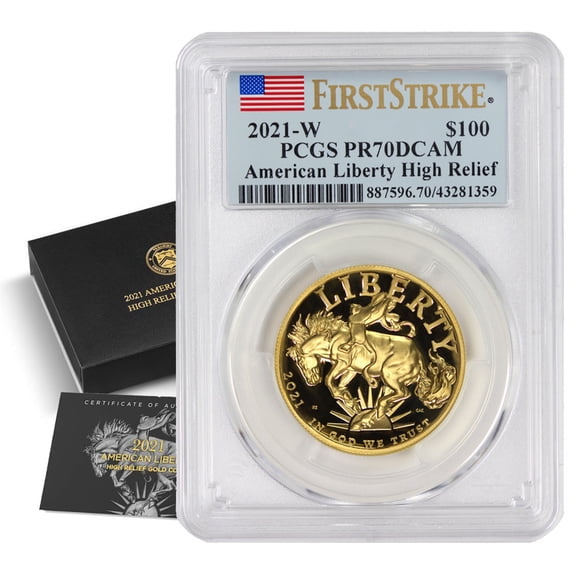 2021-W $100 Gold High Relief Liberty PCGS PR70 Deep Cameo First Strike Flag Label with Original Government Packaging U.S. Mint Coin