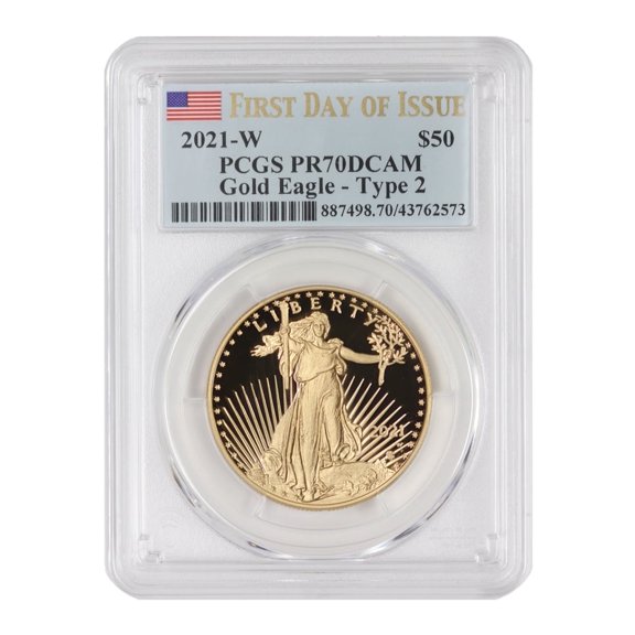 2021-W 1oz American Gold Eagle Proof Coin Type 2 PR-70 Deep Cameo First Day of Issue Flag Label $50 PCGS PR70DCAM U.S. Mint