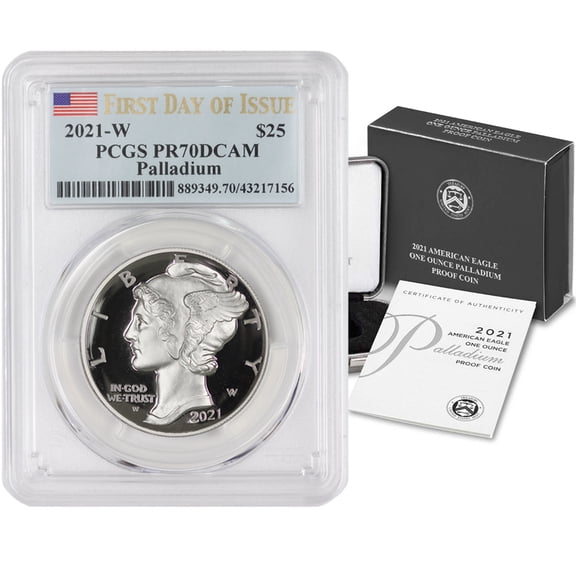 2021-W $25 Palladium Eagle PCGS PR70 Deep Cameo First Day of Issue Flag Label with Original Government Packaging U.S. Mint Coins