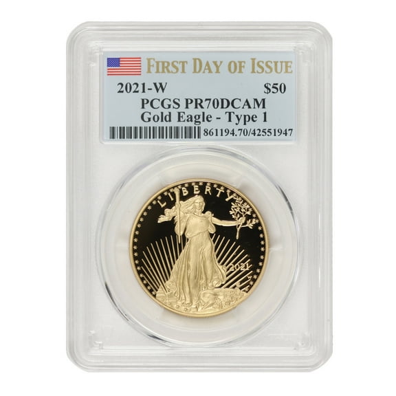 2021-W $50 Gold Eagle T1 PCGS PR70 Deep Cameo First Day of Issue Flag Label U.S. Mint Coin