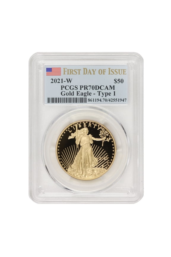 2021-W $50 Gold Eagle T1 PCGS PR70 Deep Cameo First Day of Issue Flag Label U.S. Mint Coin