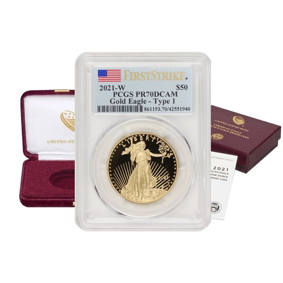 2021-W $50 Gold Eagle T1 PCGS PR70 Deep Cameo First Strike Flag Label U.S. Mint Coin