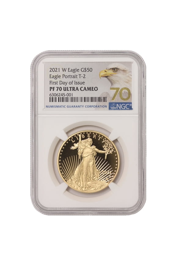 2021-W $50 Gold Eagle T2 NGC PF70 Ultra Cameo First Day of Issue Eagle Label U.S. Mint Coin