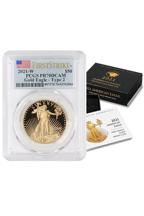 2021-W $50 Gold Eagle Type 2 Proof Coin PCGS PR70DCAM First Strike Flag Label U.S. Mint Box and CoA