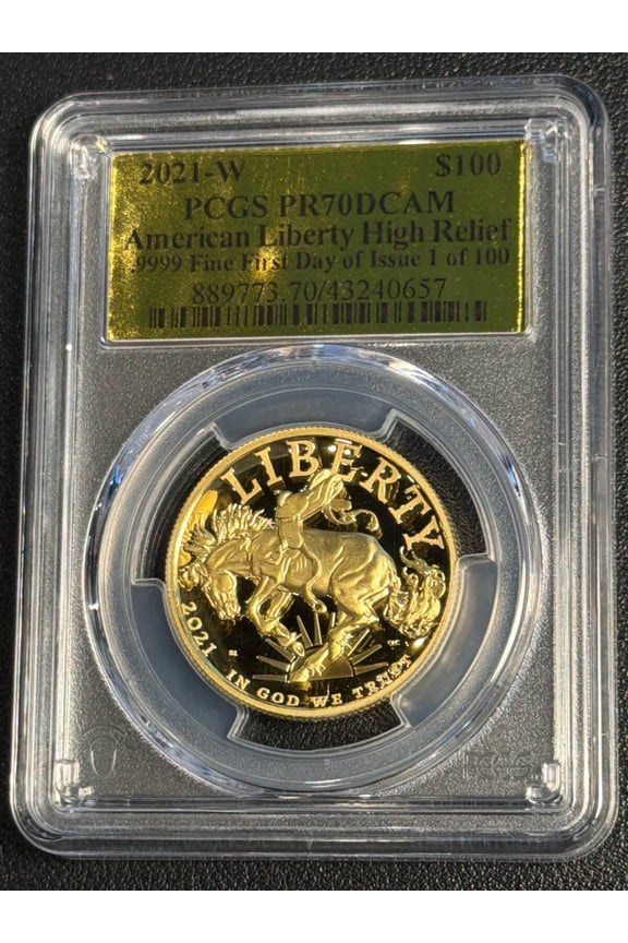 2021 W American Liberty Gold PCGS PR-70 FDOI 1 OF 100 HIGH RELIEF BRONCO