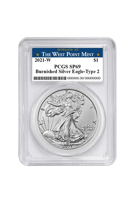 2021-W Burnished $1 Type 2 American Silver Eagle PCGS SP69 West Point Label