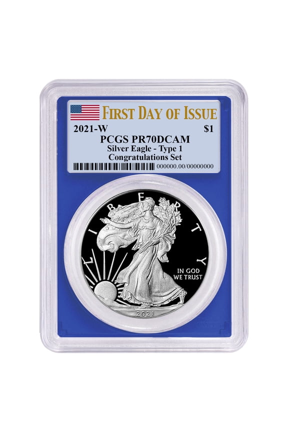 2021-W Proof $1 Type 1 American Silver Eagle Congratulations Set PCGS PR70DCAM FDOI Flag Label Blue Frame