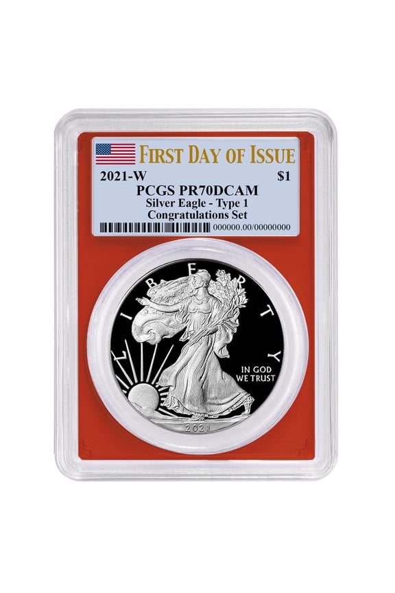 2021-W Proof $1 Type 1 American Silver Eagle Congratulations Set PCGS PR70DCAM FDOI Flag Label Red Frame