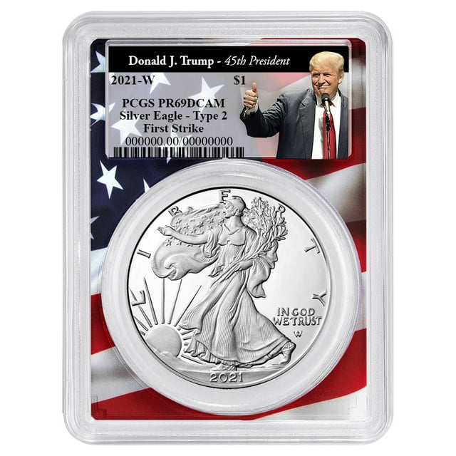 2021-W Proof $1 Type 2 American Silver Eagle PCGS PR69DCAM FS Trump 45th President Label Flag Frame