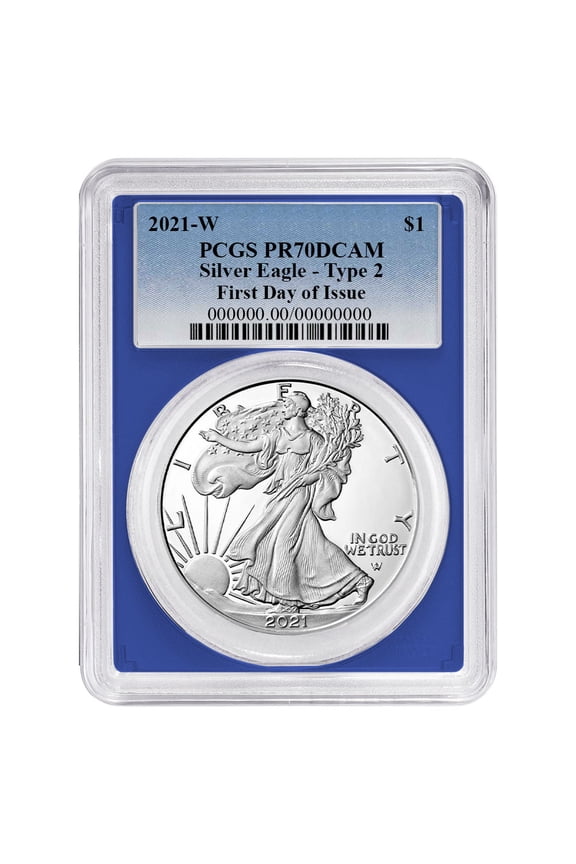 2021-W Proof $1 Type 2 American Silver Eagle PCGS PR70DCAM FDOI Blue Label Blue Frame