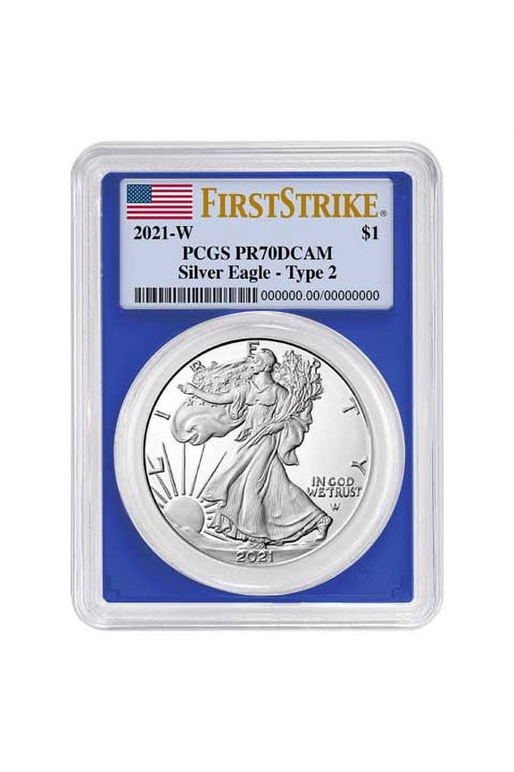2021-W Proof $1 Type 2 American Silver Eagle PCGS PR70DCAM FS Flag Label Blue Frame