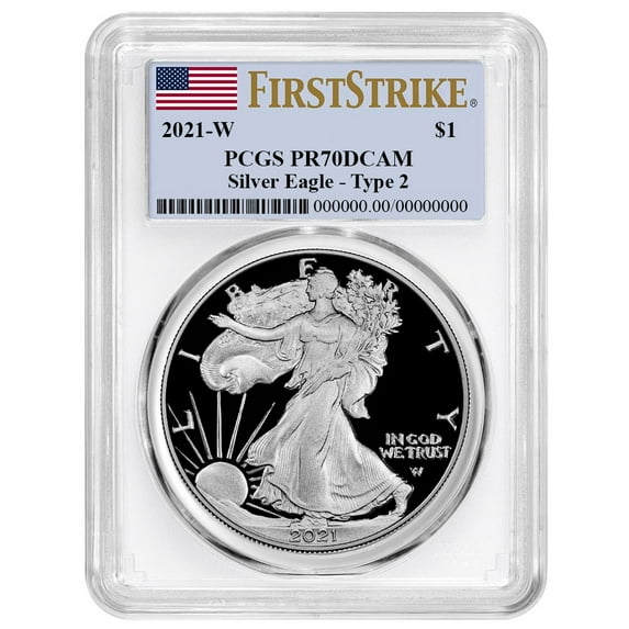 2021-W Proof $1 Type 2 American Silver Eagle PCGS PR70DCAM FS Flag Label White Frame