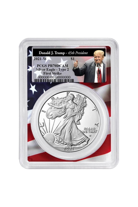 2021-W Proof $1 Type 2 American Silver Eagle PCGS PR70DCAM FS Trump 45th President Label Flag Frame